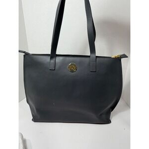 Joy Mangano Navy Leather Tote Bag Top Zip Gold Logo Shoulder Bag Chic Minimalist
